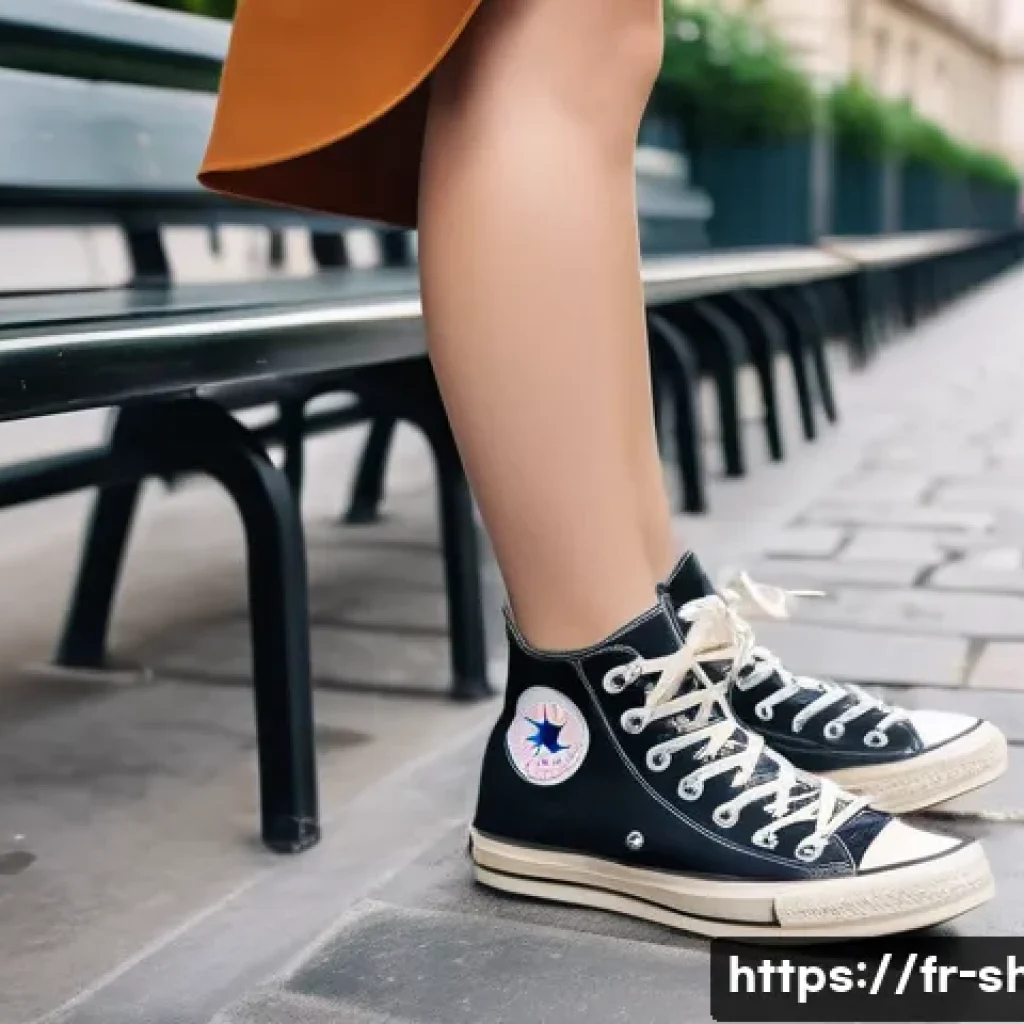 컨버스 러닝화 컬렉션 리뷰 - A gender-neutral young adult, approximately 20-25 years old, is standing on a chic, sun-drenched Par...