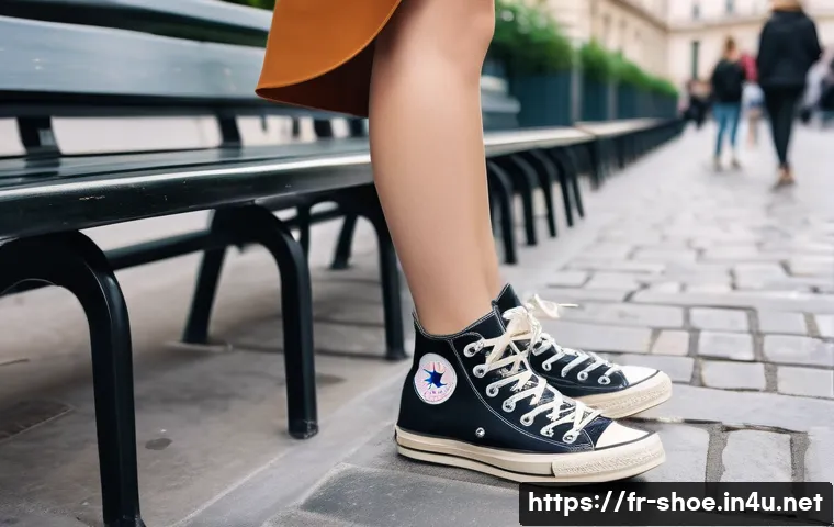 컨버스 러닝화 컬렉션 리뷰 - A gender-neutral young adult, approximately 20-25 years old, is standing on a chic, sun-drenched Par...