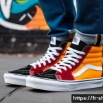 Home 20 반스 스케이트 하이와 반스 에라 차이점 - A close-up urban street scene featuring a person wearing high-top Vans Sk8-Hi sneakers with thick ca...