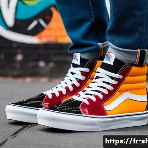 Home 32 반스 스케이트 하이와 반스 에라 차이점 - A close-up urban street scene featuring a person wearing high-top Vans Sk8-Hi sneakers with thick ca...
