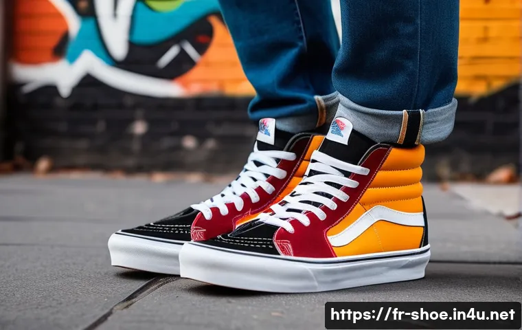 반스 스케이트 하이와 반스 에라 차이점 - A close-up urban street scene featuring a person wearing high-top Vans Sk8-Hi sneakers with thick ca...