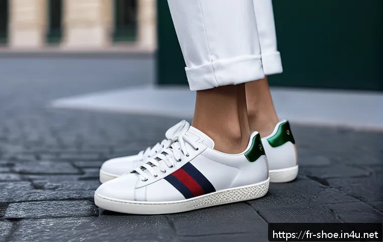 구찌 에이스 스니커즈와 발렌시아가 트리플S 비교 - A sophisticated and minimalist streetwear scene featuring a person wearing sleek Gucci Ace sneakers ...