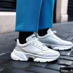 Home 18 프라다 클라우드버스트와 디올 B22 비교 - A futuristic and minimalist urban scene featuring a person wearing Prada Cloudburst sneakers with th...