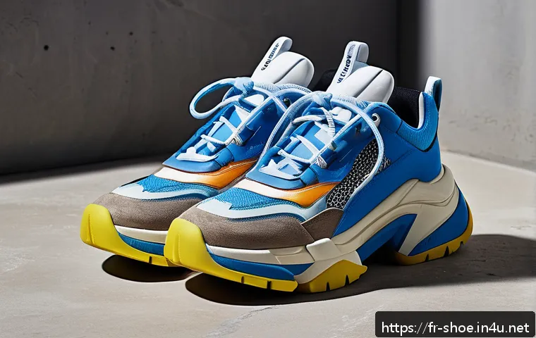 발렌시아가 디펜더 스니커즈 리뷰 - A close-up image of Balenciaga Defender sneakers placed on a textured urban concrete surface under n...